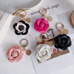 1 NWT Leather Flower Keychain - Black, White, Blush, or Rose Red